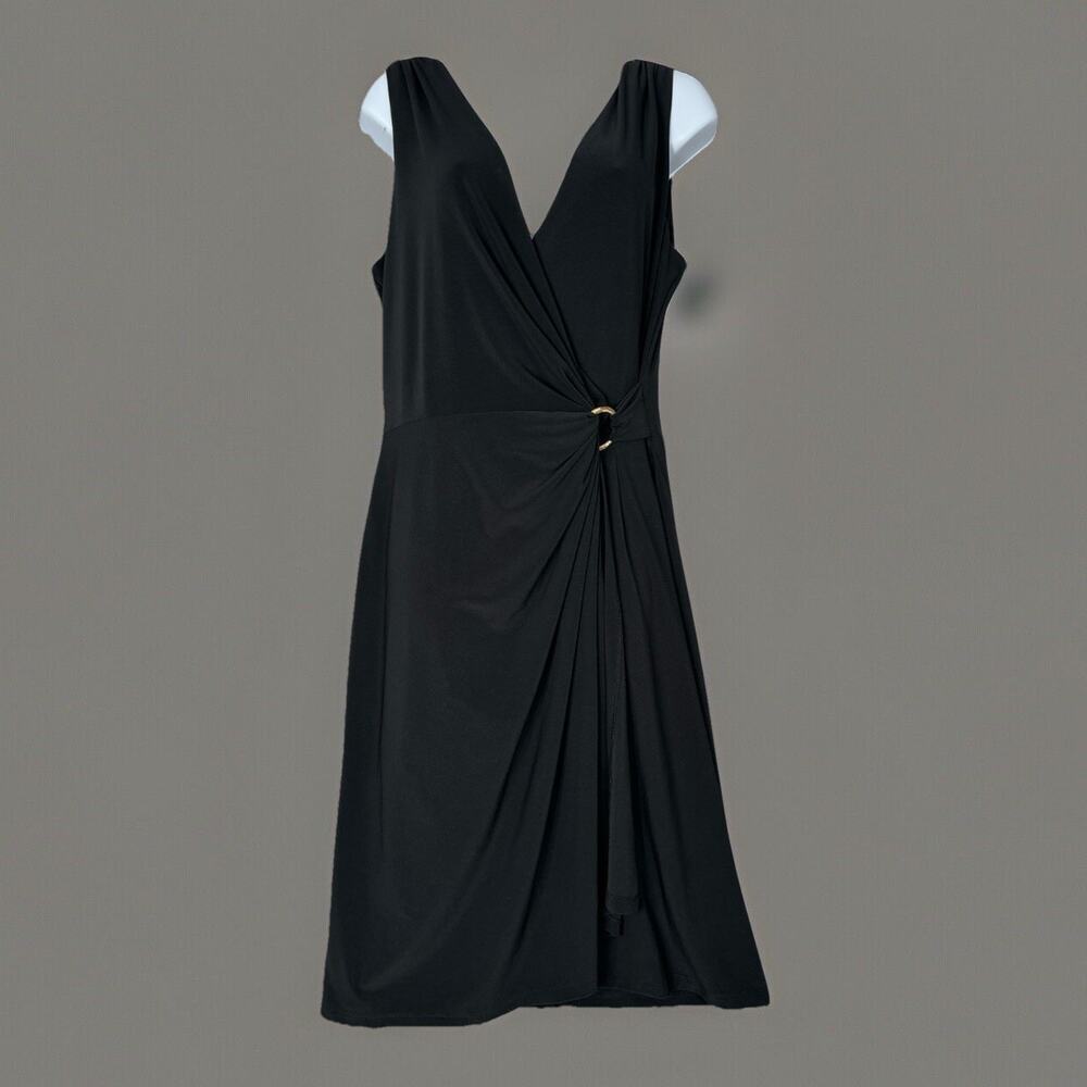 Lauren Ralph Lauren Womens Dress 12 Black Plunge Wrap‎ Gold Ring Cocktail Comfy